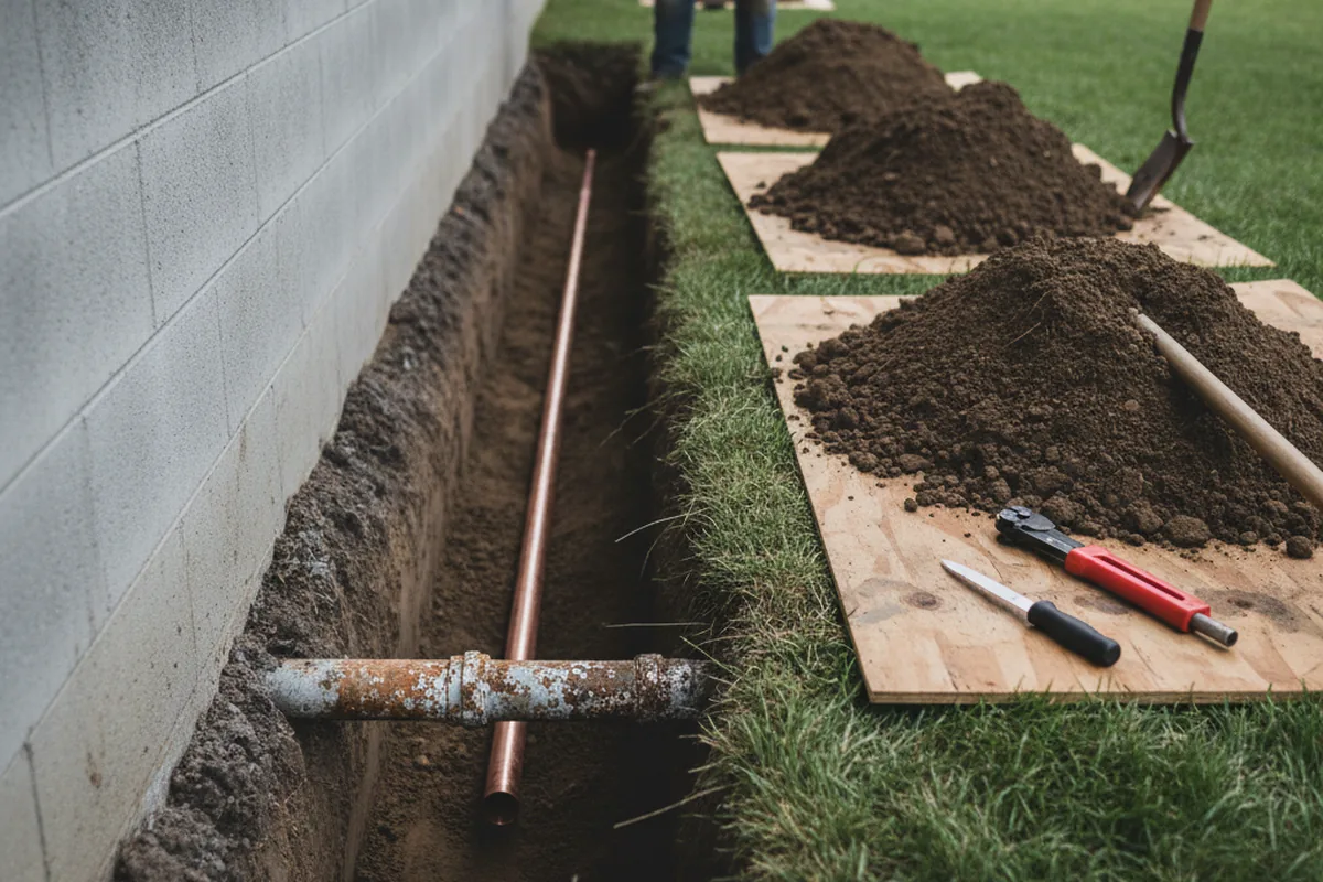 Excavated water line trench during Sewer Line Repair in Hueysville